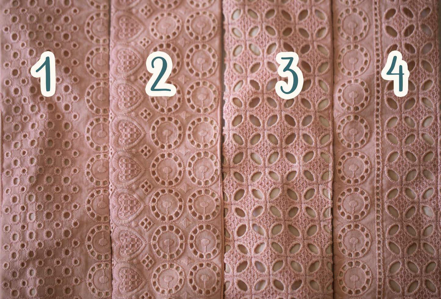 Four different patterns of a textured fabric with numbers indicating order.