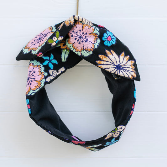 Embroidered Black Petal Headwrap