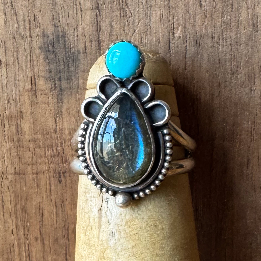 Turquoise Moon Labradorite Ring sz. 7+
