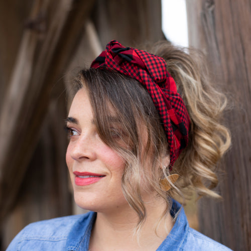 Buffalo plaid wired headwrap with clips