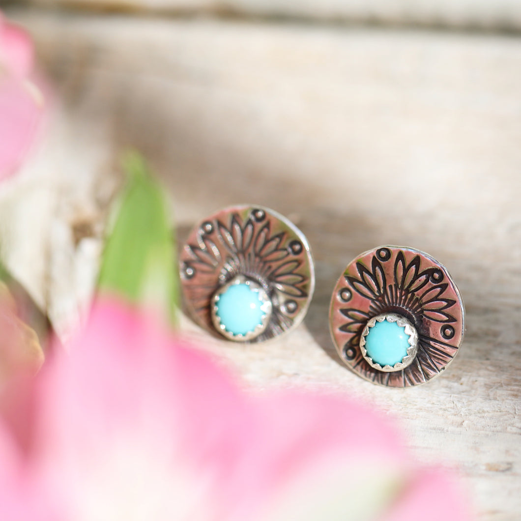 Turquoise Earrings With Stamped Southwestern Design